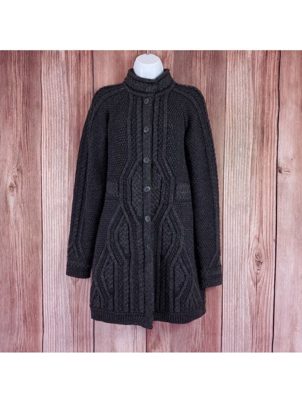Inis Crafts Ireland Womens Large 100% Merino Wool Cable Knit Gray Cardigan Coat